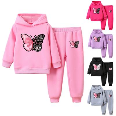 Girls Cute Butterfly Print Tracksuit Fleece Lined Long Sleeve Hoodie Elastic Waistband Sweatpants Sports Set