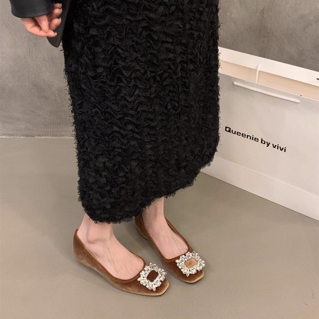 Inner Heightening Suede Rhinestone French Small Single Shoes Women's Shoes 2025 New Spring and Autumn Evening Shoes Black Commuter Shoes