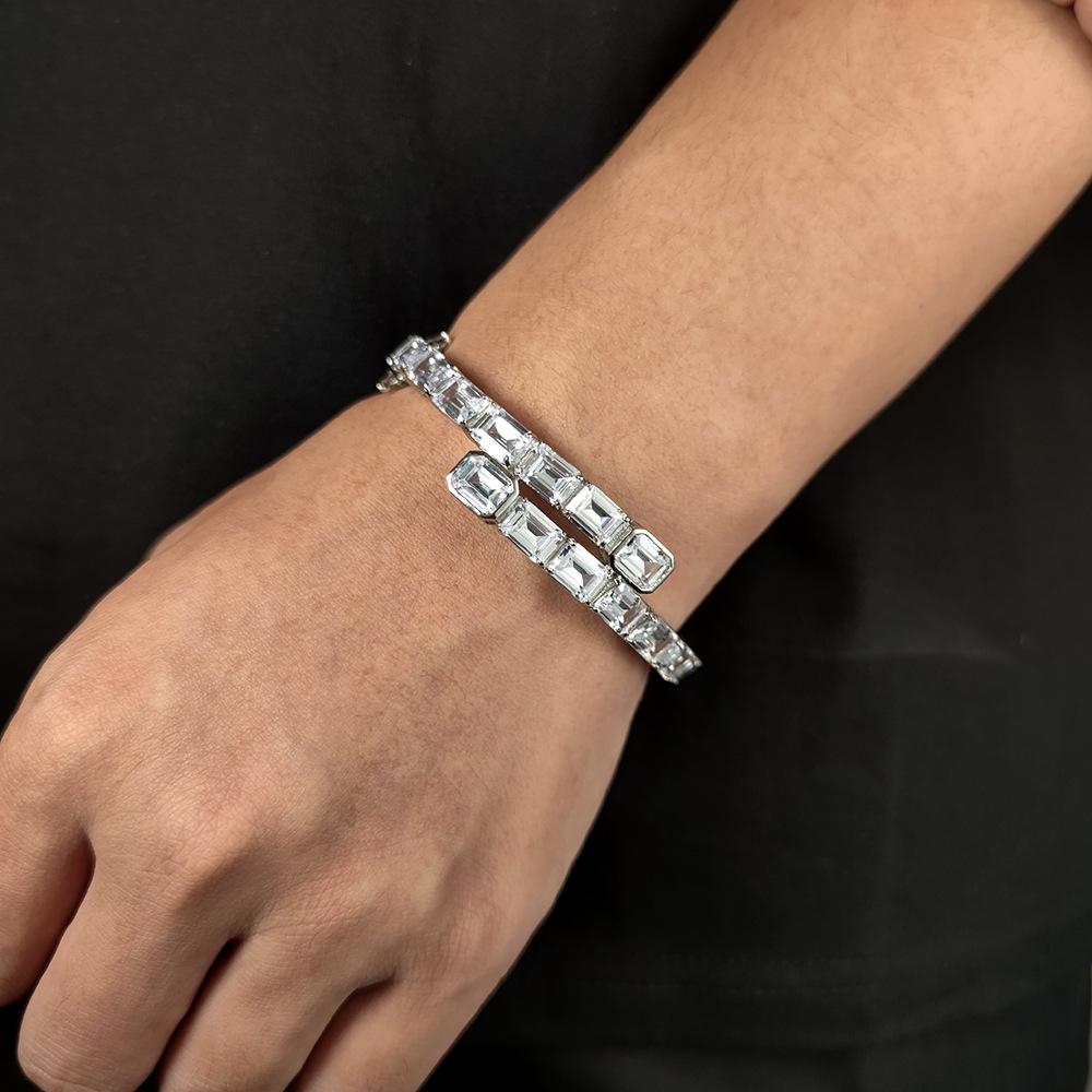 European and American Hip Hop Single Row Rectangular Zircon Men's Bracelet Real Gold Electroplating Hipster Couple Bracelet Jewelry