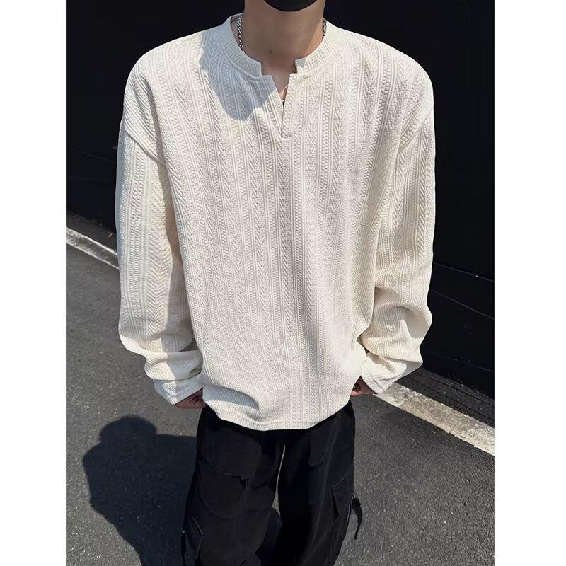 Men's High-End Jacquard Hoodie: Wrinkled Waffle Knit Long Sleeve T-Shirt with Elastic Padded Shoulders