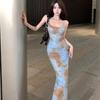 Tie-dye French Suspender Dress Women's Summer Sweet Hottie Skirt Sexy Waist and Thin Buttocks Fishtail Dress