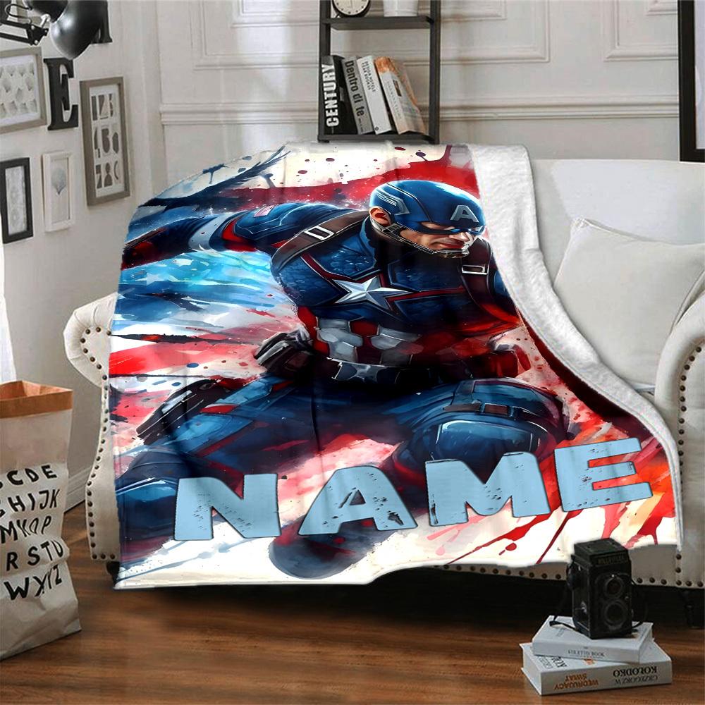 Captain America In Dynamic Pose With Shield And Patriotic Colors Multipurpose Personalized Blanket Customize Your Name Comfortable Texture For Sofa