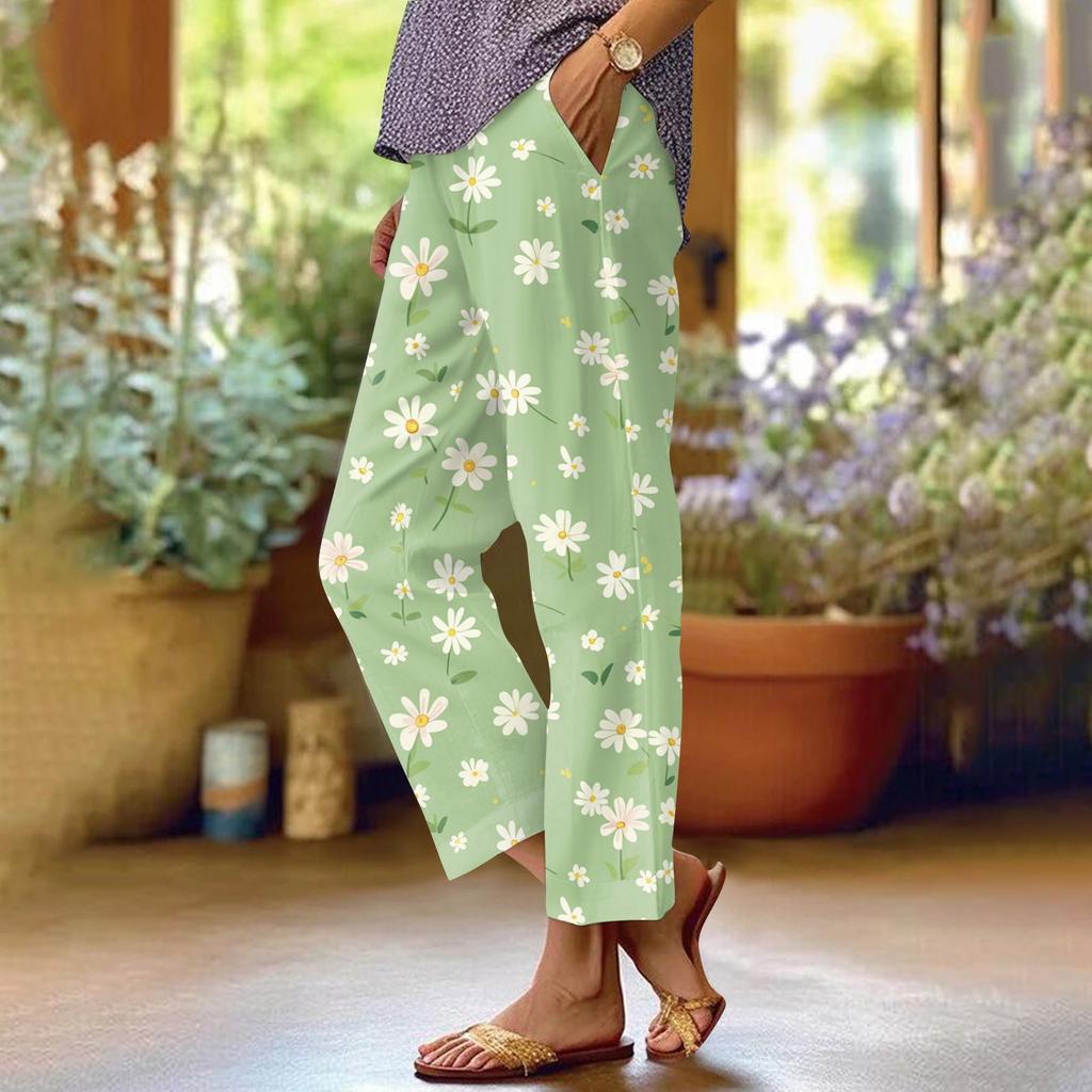 Women's Fashionable Floral Print Straight Leg Pocket Elastic Waist Casual Pants Pants