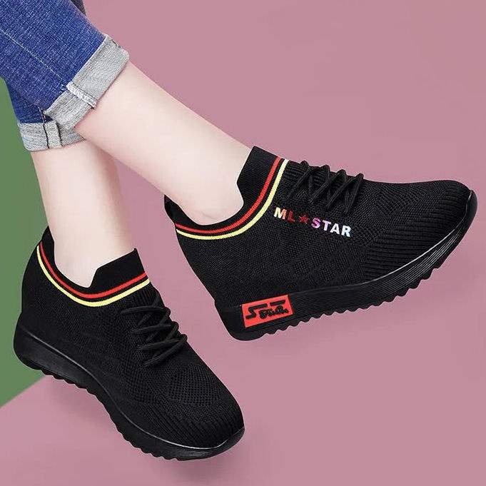 Flying woven elastic muffin shoes sports casual shoes flat black low-top sports shoes women's shoes