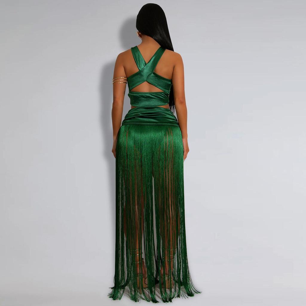 European & American Fashion Women's Sexy Strappy Top and Tassel Long Skirt Two-Piece Set