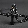 Obsidian Cross Pendant Necklace Couple Jewelry Stainless Steel Chain Adjustable Length Durable Design Suitable for Daily Wear and Gifts