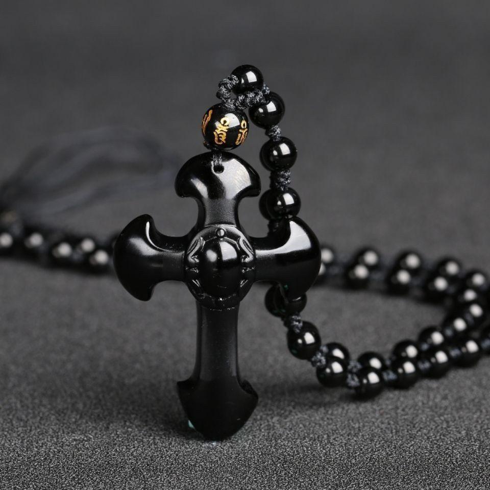 Obsidian Cross Pendant Necklace Couple Jewelry Stainless Steel Chain Adjustable Length Durable Design Suitable for Daily Wear and Gifts
