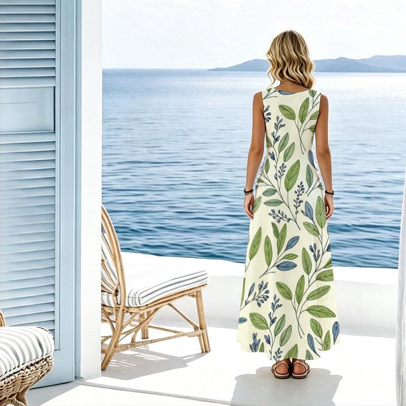 Summer Sleeveless Maxi Dress,Fresh Botanical Print,Lightweight,Breathable Comfortable Perfect for Beach,Daily Wear Travel Photos