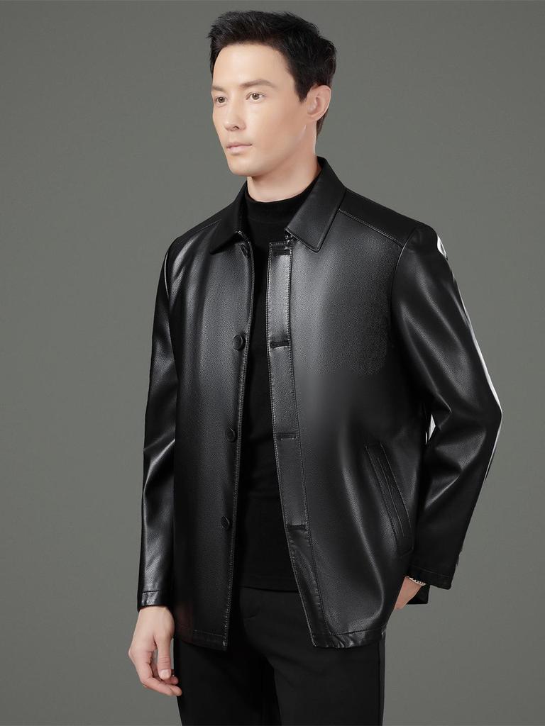Men's Genuine Sheepskin Lapel Coat - Winter 2025 Single-Breasted Leather Jacket with Plush Lining for Middle-Aged Dads