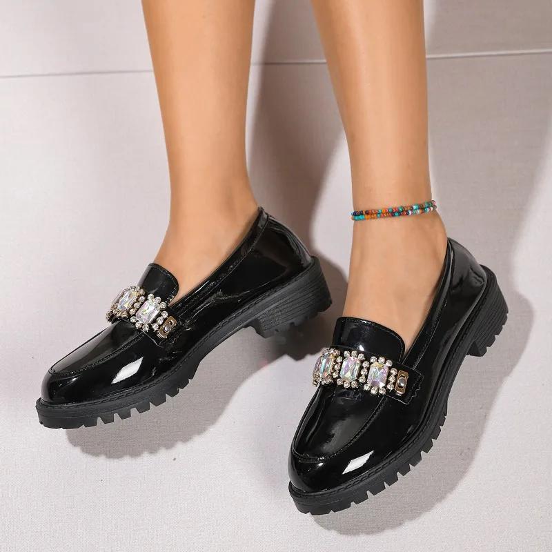 Fashion Women's Thick Sole Comfortable Round Toe Rhinestone Decorated Women's High Heel Shallow Mouth Work Office Women's Low Top Shoes