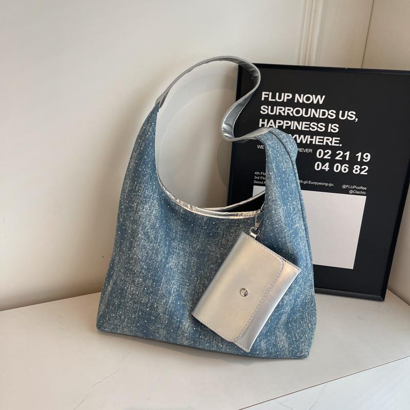 Trendy Fashion Underarm Tote Bag Women'S Simple Casual Denim Shoulder Bag Large Capacity Shopping Bag