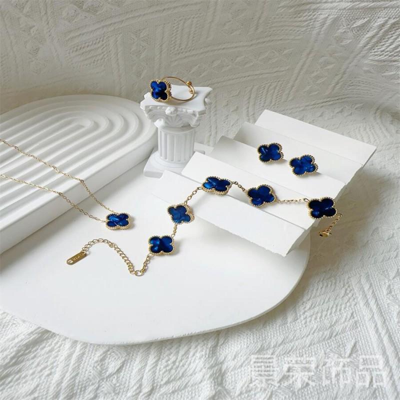Juego de Joyería de Trébol de Cuatro Hojas de 15 mm en Acero de Titanio con Incrustación de Nácar - Collar Pulsera Pendientes Anillo Mujeres Hombres