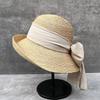 Lafite Bucket Hat Women'S Summer Hepburn Style Straw Hat Curled Brim Big Brim Bow Streamer Basin Hat Travel Visor