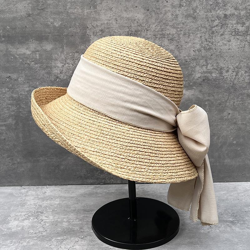 Lafite Bucket Hat Women'S Summer Hepburn Style Straw Hat Curled Brim Big Brim Bow Streamer Basin Hat Travel Visor
