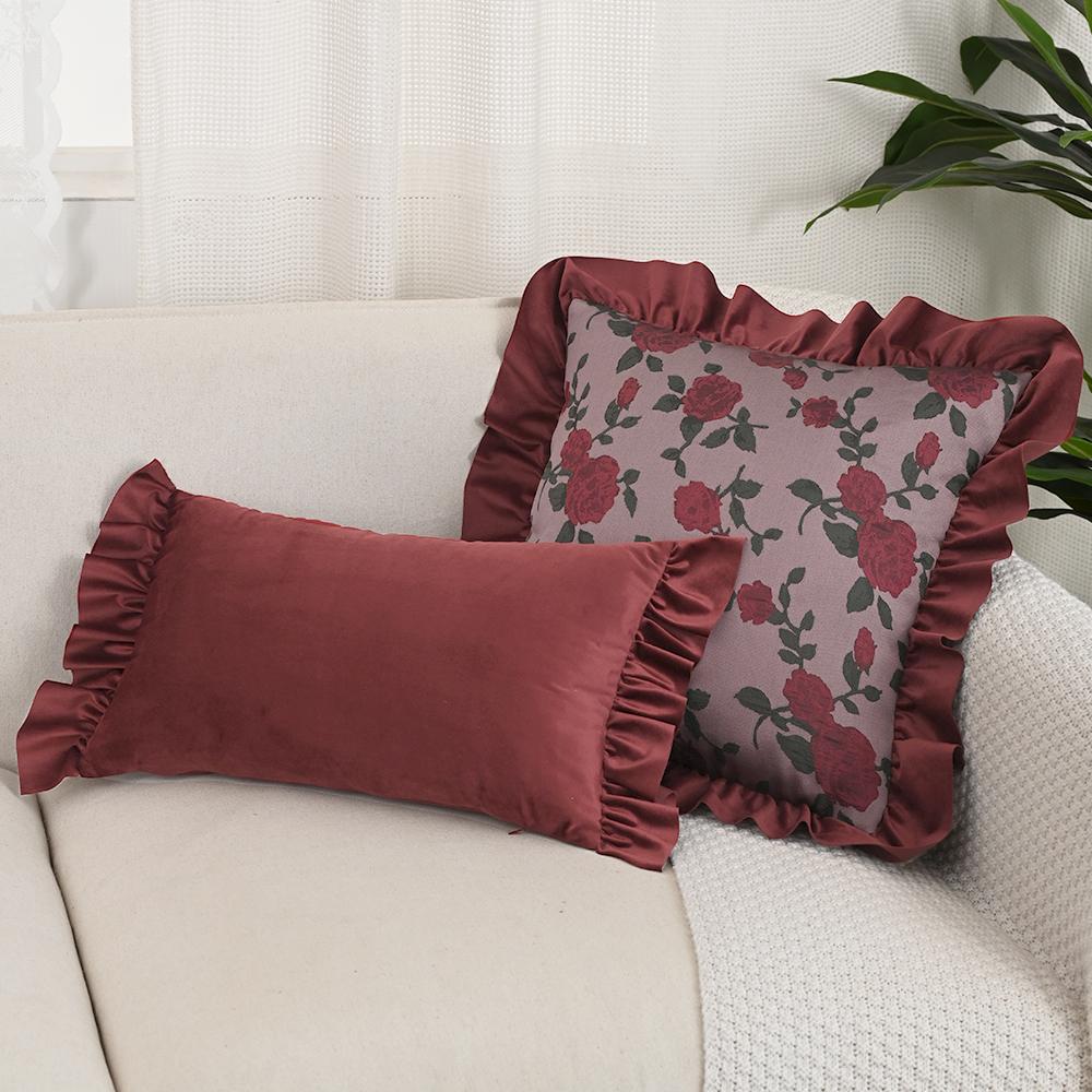 BUYNOW Red Rose Jacquard Hollandaise Lace Pillowcase Vintage Pastoral Living Room Sofa Cushion Cover Home Bedroom Saddle Decor