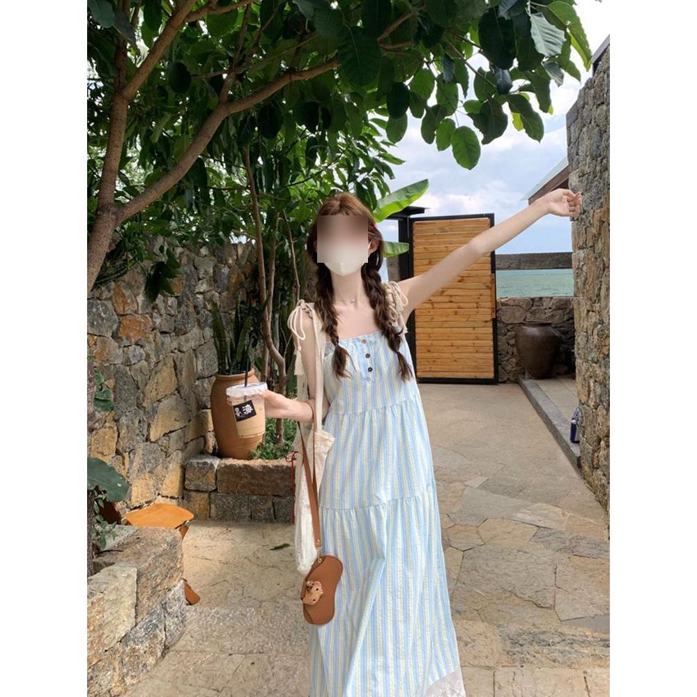 Blue striped suspender dress children's summer new women's small seaside vacation dress
