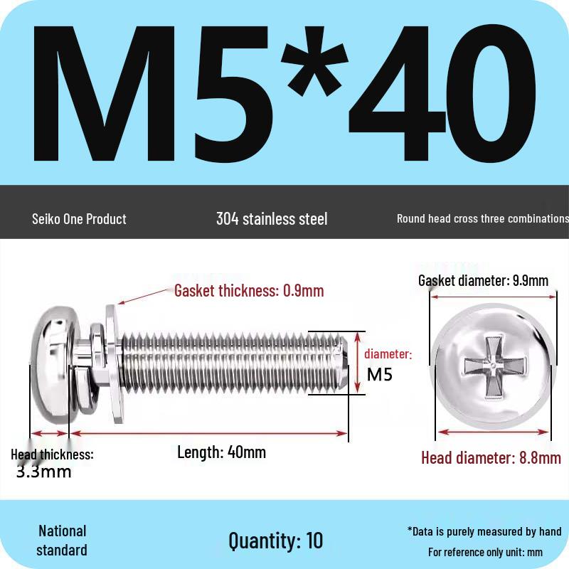 304 Stainless Steel Phillips Round Head Screw with Flat Washer M3/M4/M5/M6