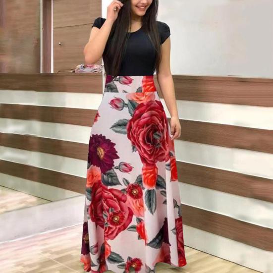Women Short Sleeve Floral Printed Patchwork Prom Cocktail Large Swing Maxi Dress