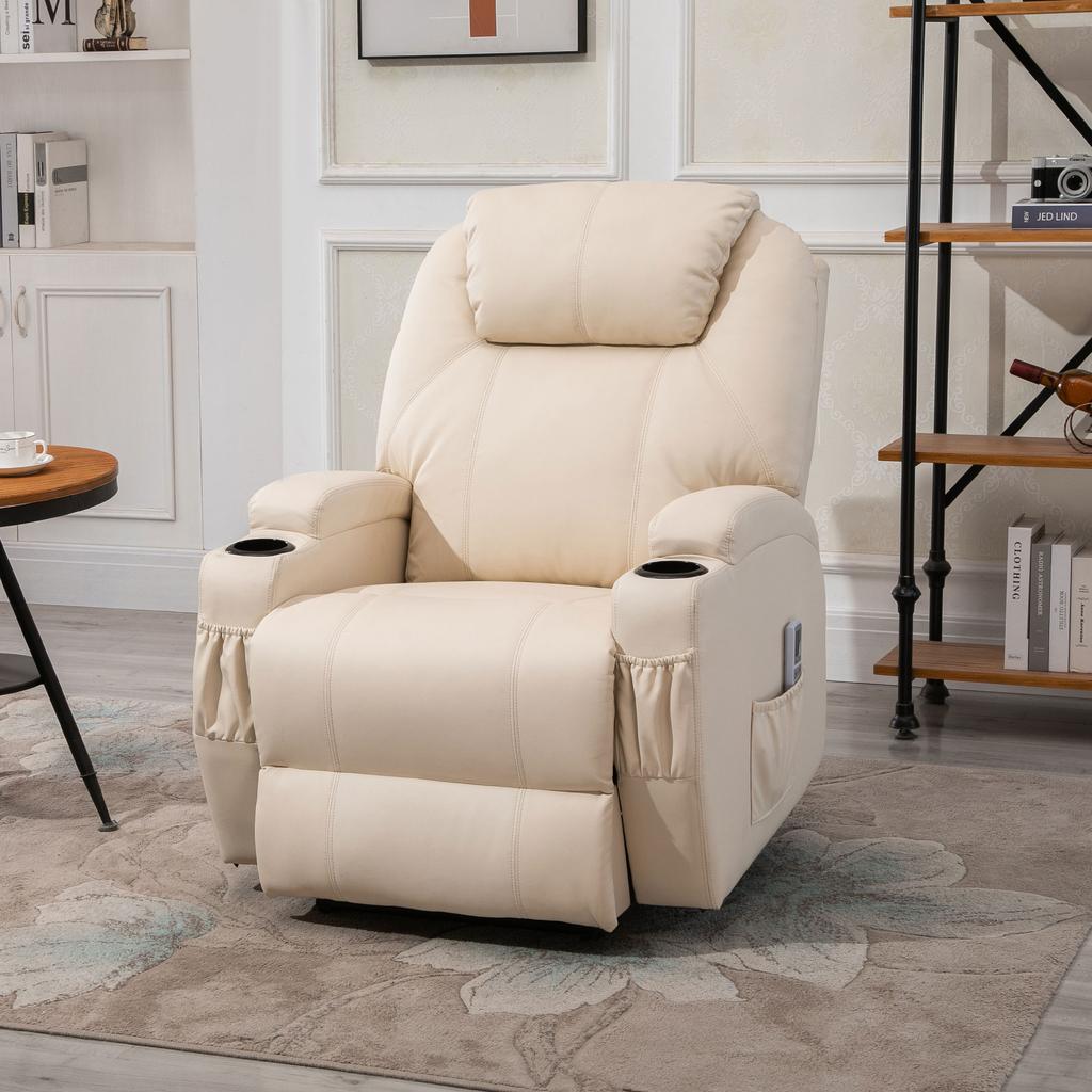 Luxury Reclining And Massage Armchair Electric Footrest Synthetic Leather Cream