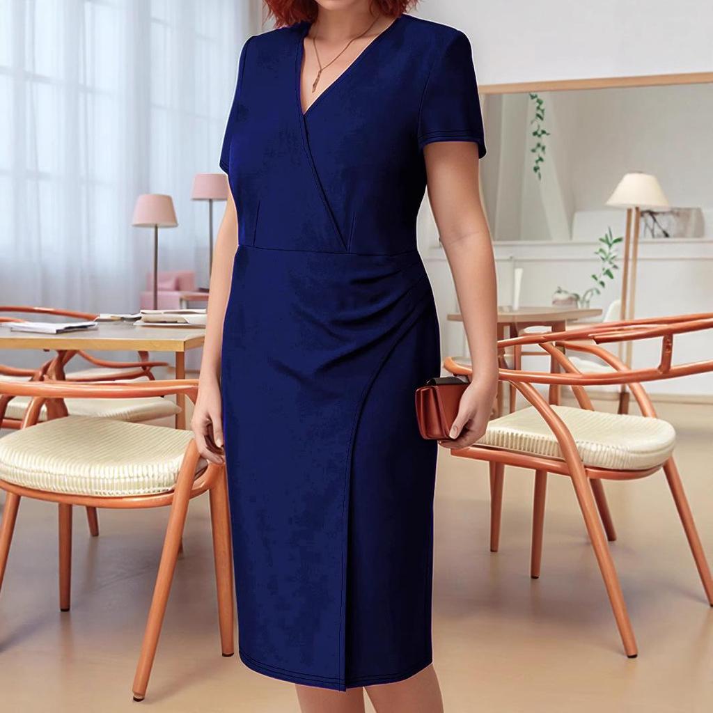 Spring/Summer 2026 Women's Elegant Short-Sleeve Plus Size Solid Color Dress