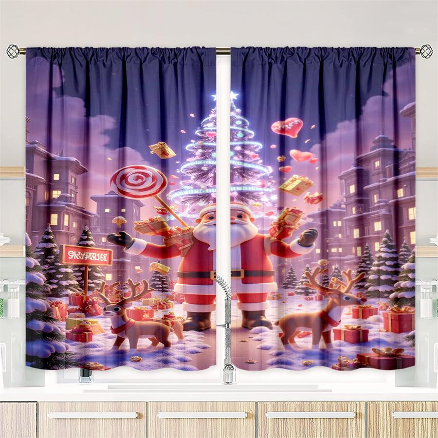 Christmas Santa Claus Tree Pattern Printed Curtains Decorations Home Room Set Of 2 Made Polyester Elegant