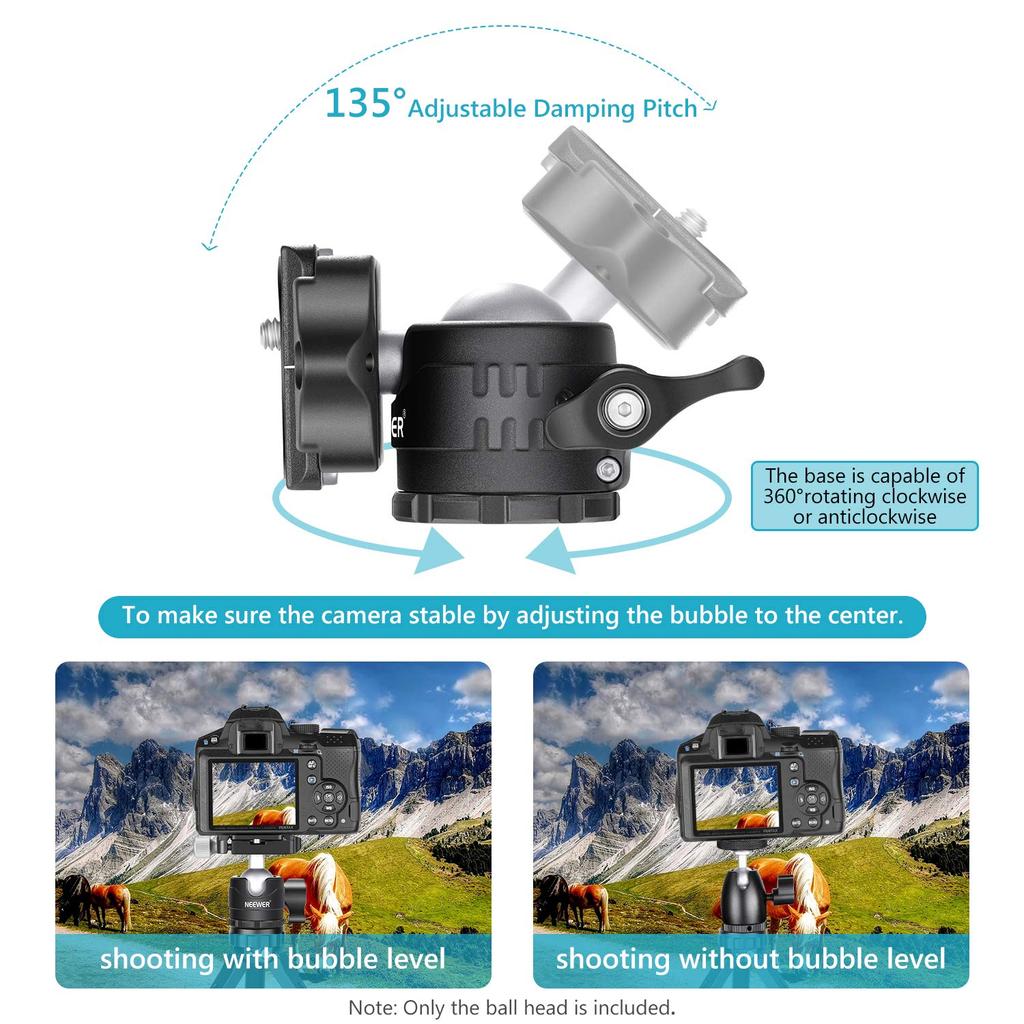 NEEWER 28mm Kugelkopf-Stativkopf mit Panoramischer Schnellwechselplatte und Wasserwaage, Kompatibel mit DSLR und Maximaler 360° Niedrigprofil-Rotation, 1/4" Arca-Typ