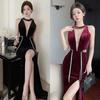 Spice Girl Velvet Hollow Dress Temperament Slim Waist and Thin Backless Splicing Hem High Split Skirt