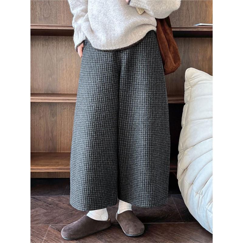 

Johnature Wide-Leg Pants Women Vintage Plaid Cropped Pants Thick Casual Suit Pants For Winter L серый