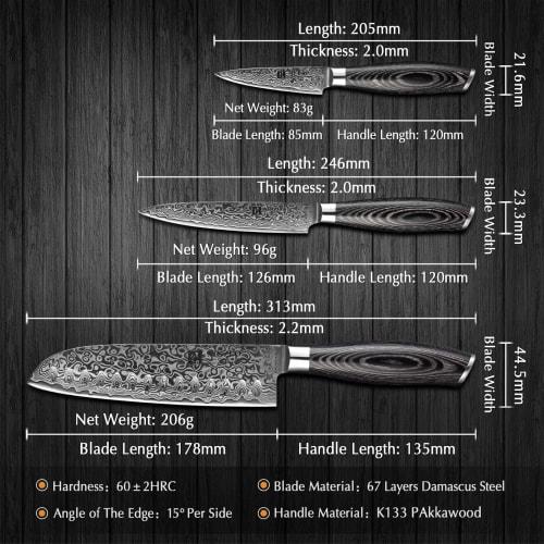 XINZUO 5-Piece Kitchen Knife Set, Damascus Steel, High Carbon Steel Chef Knife, Slicing Knife, Santoku Knife, Utility Knife, Paring Knife Set, Pakkawo