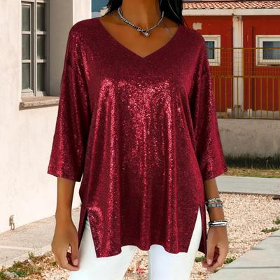 Bluze Dama Decolteu V Mâneci 3/4 Croială Largă Pulover Topuri Culoare Solidă Croială Largă Design Lucios Topuri Casual Îmbrăcăminte Dama