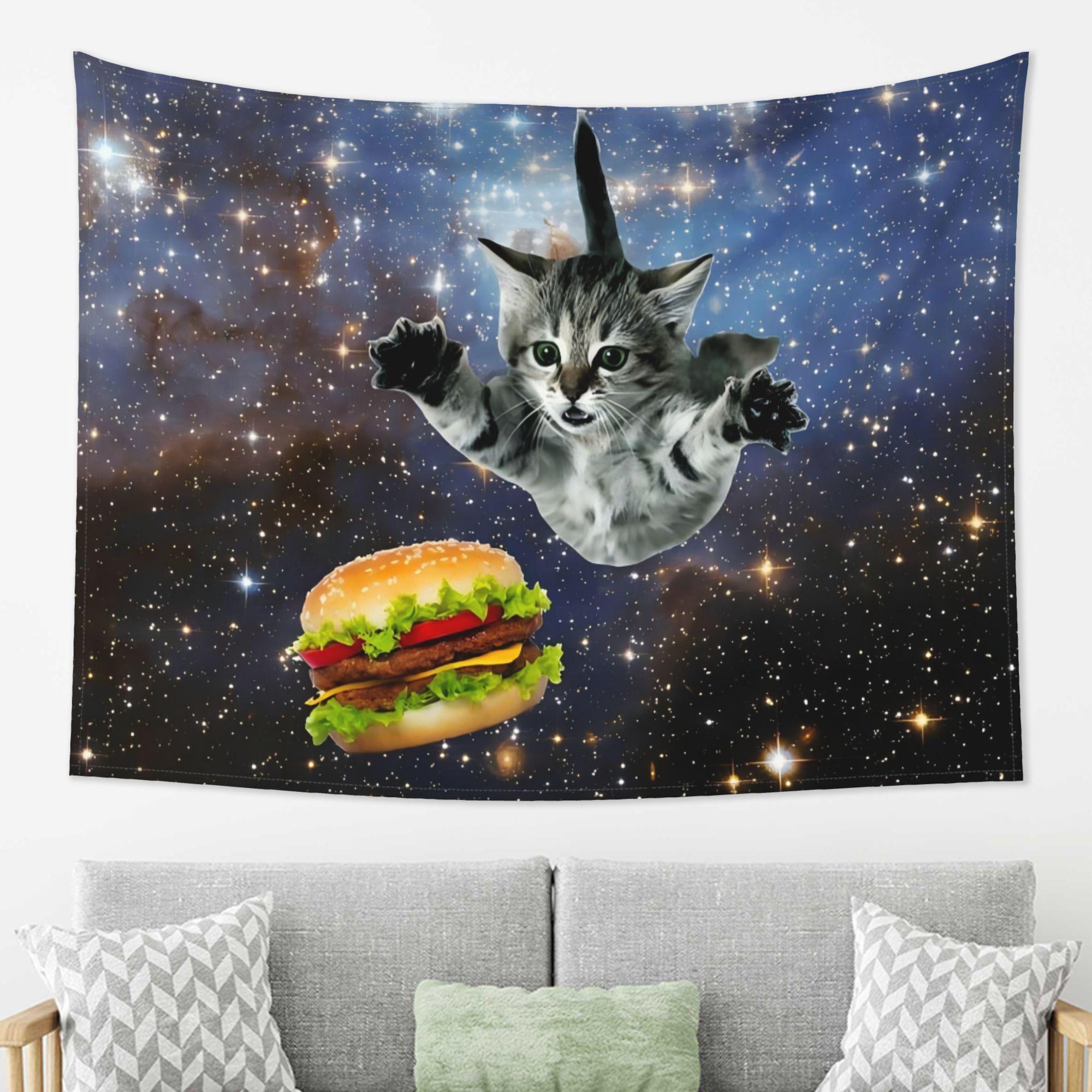 

Gift Idea Space Cat Hamburguer Pattern Tapestry MultiFunction Wall Decor for Dorm Room Bedroom Parties MultiSize Flat Print 74x94cm(29x37in)