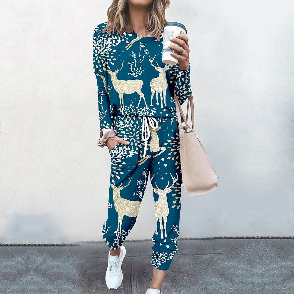 High-End Fashion Sports Sweater Set Women'S Autumn Loose Casual Long-Sleeved Printed Top Bundle Leg Pants Two-Piece Set