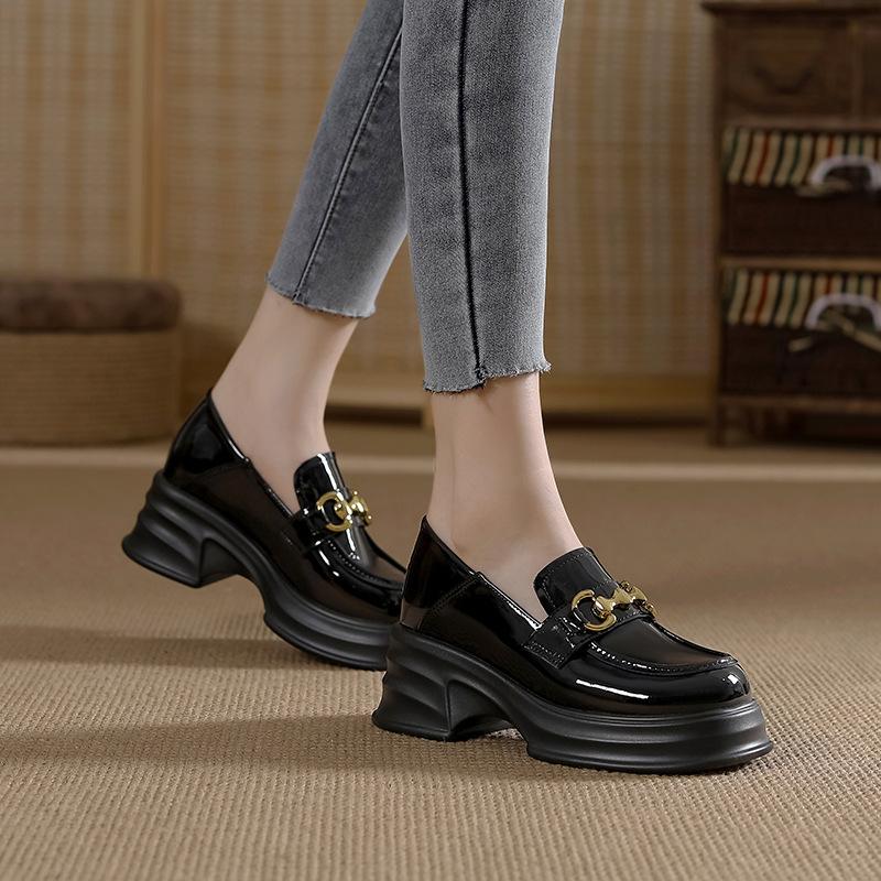 Small leather shoes women's new metal buckle inner height increase women's shoes 3233 single shoes muffin shoes thick sole