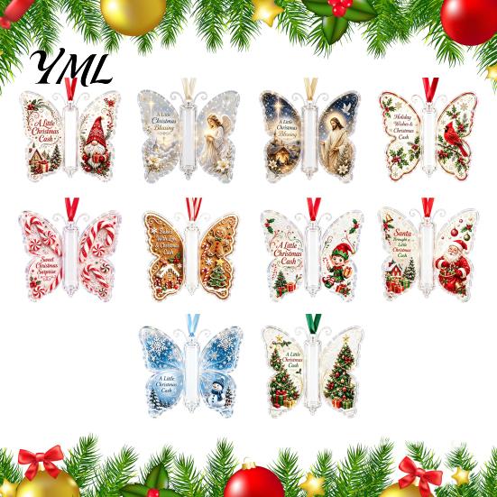 Acrylic Hanging Money Capsule Christmas Holder Ornament, Cash Decor with Vintage Tree Decoration Slot Butterfly Print, Holiday Party Supplies