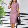 Women Formal Dress Pleated V Neck Solid Color Short Sleeves Sheath Slim Fit Tight Waist OL Commute Business Summer Midi Dress