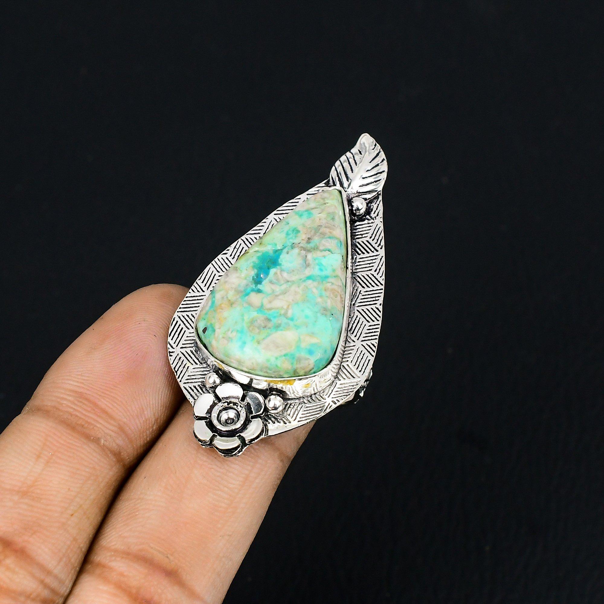 Daughters Day Sale 925 Silver Variscite Gemstone Flower Stackable Ring US 7.5 7.5