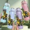 1PC Yellow Construction Digger Vehicle Print 750ml Color Plastic Sports Water Bottle Leakproof Flip Straw Lid Suitable for Sports Office Home Use