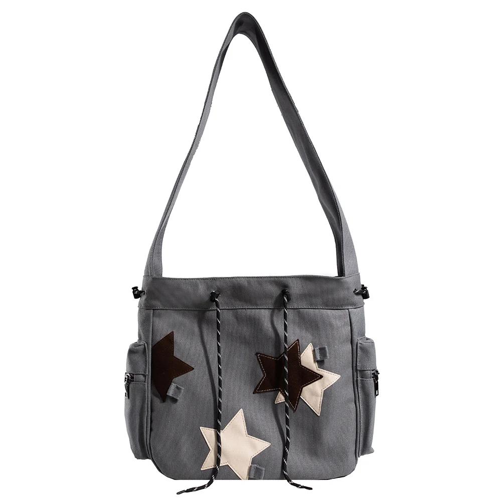 Damen Süße Umhängetasche Große Kapazität Canvas Schöne Umhängetasche Stern Applikation Y2K Street Style Schultasche für Teenager Schüler