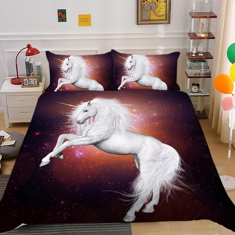Jednorožec King Queen Povlak na přikrývku Kreslené zvíře Rainbow Universe Sada povlečení pro děti Teen Cosmic Starry Sky Polyester Povlak na přikrývku