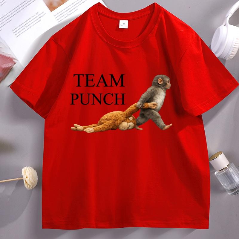 Team Punch Graphic T Shirts Punch The Monkey Holding Plush Toy TShirt Funny Short Sleeve Oneck Tshirt Cotton Male Tees S