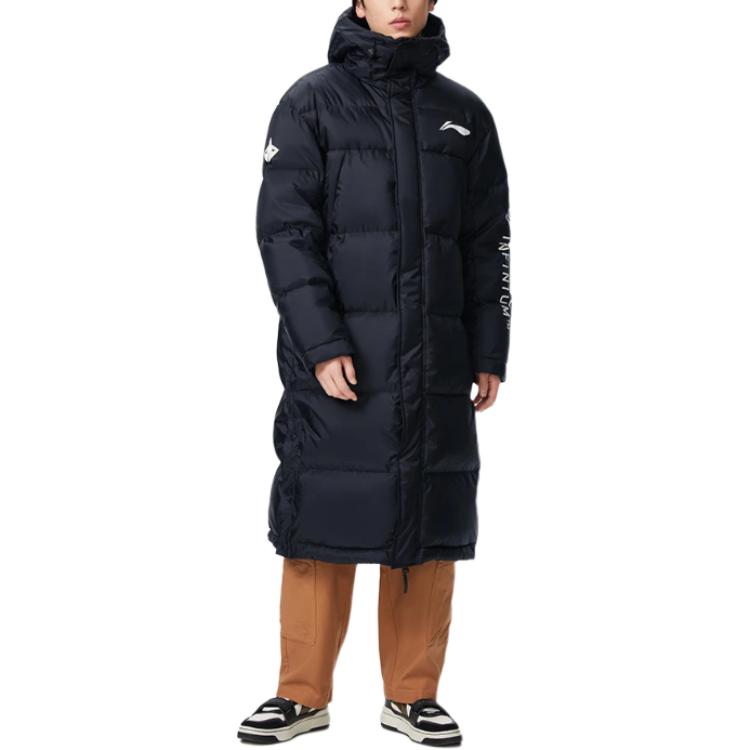 Li-Ning Basketball Series Solid Color Logo Print Loose Long Duck Down Cardigan Men Outerwear Black AYMS245-1