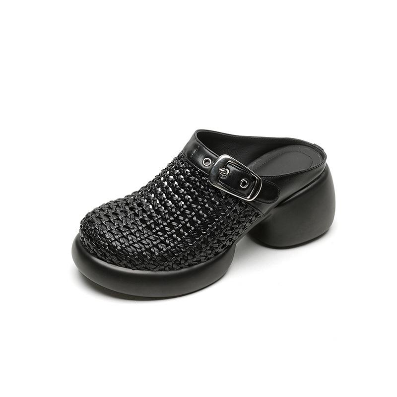 British round head hollow bag head slippers women's 2025 summer new woven thick-soled thick-heeled Muller shoes leather half slippers