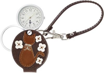 Fieldwork Analog Pocket Watch with Flower Cat Design, Bag Charm, and Magnifying Glass, LW037-2, Women's