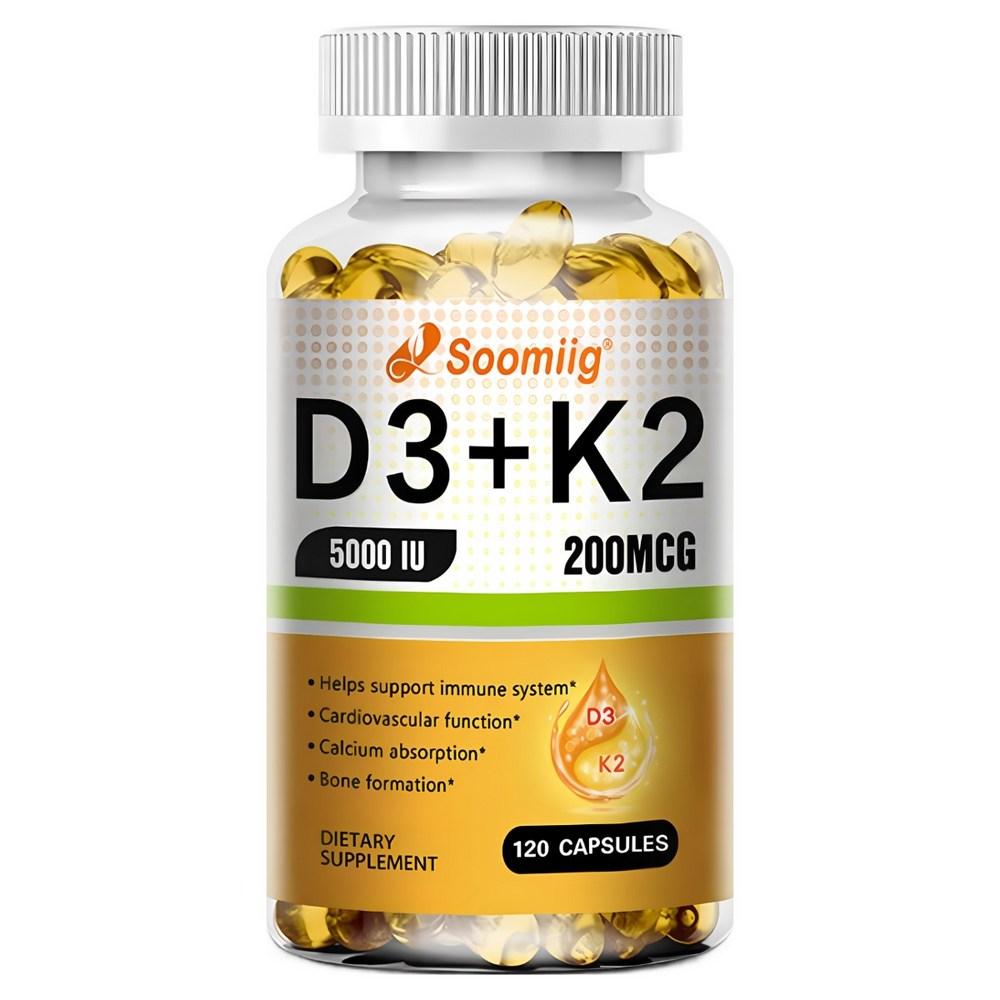 Vitamin D3 + K2 MK7 - Promotes bone, heart, and immune system health, calcium absorption - Easy to swallow, Made in the USA, 120 capsules, 1 pc