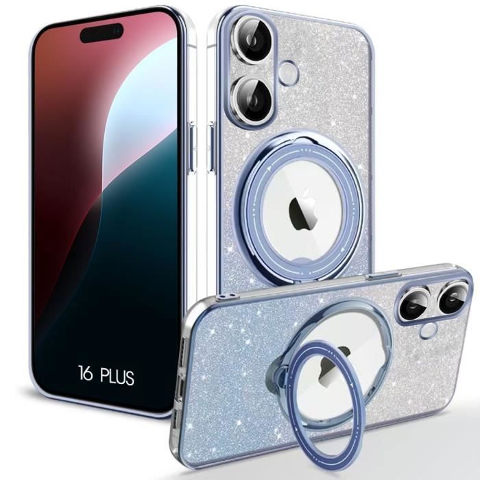 Coque de protection - silicone - iphone 16 plus - support rotatif - anti-rayures - bleu