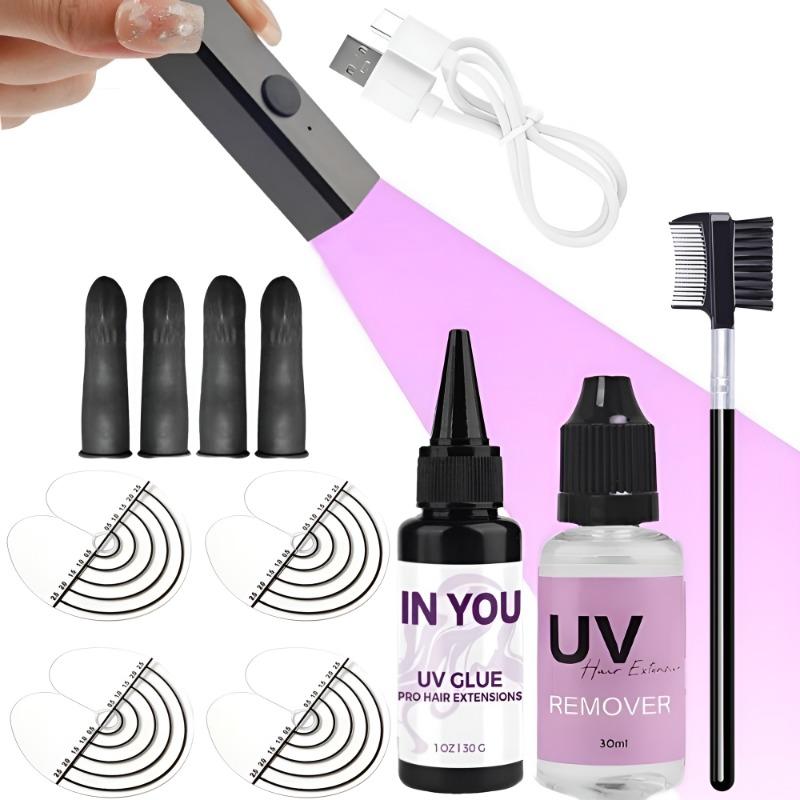 

UV Lamp Hair Extension Kit Fast Curing UV Lamp 30g UV Hair Glue 30ml Glue Remover Anti-UV Shield Full Replacement Tools Set for Salon Home A set