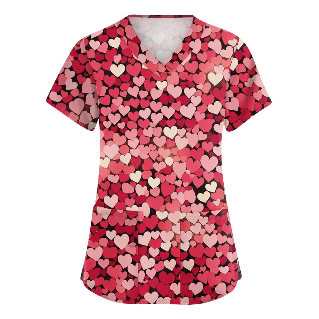 Women's Cute Bow Printed Work Clothes V-neck Double Layer Pockets Basic Short Sleeve Top Pullover