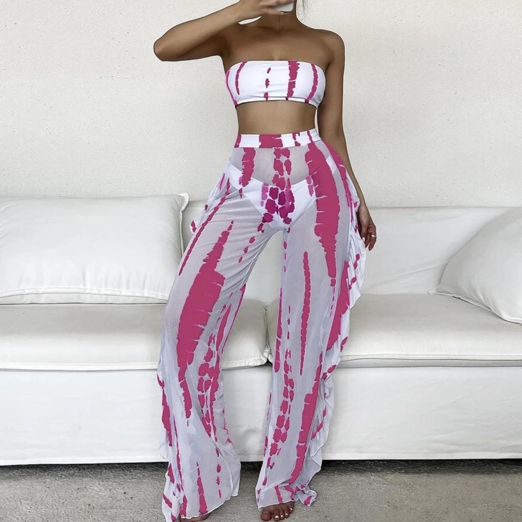 Fashion Women's Tube Top Mesh Pants Printed High Waist Split Sexy Swimsuit Bikini