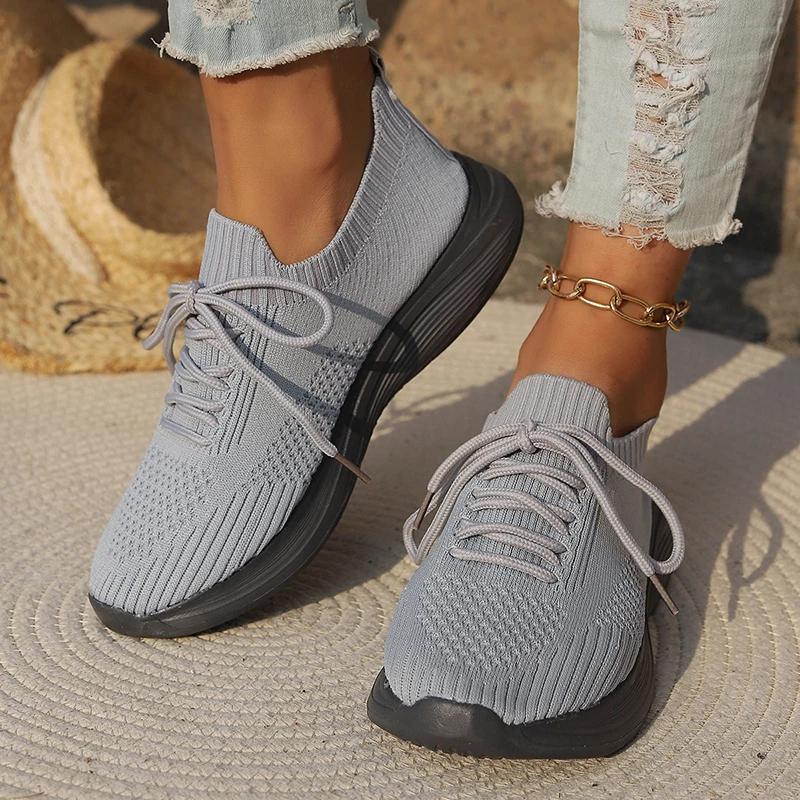 Fashion Solid Color Women's Knitted Sneakers 2025 Autumn Breathable Mesh Flats Woman Slip on Light Weight Walking Sport Vulcanize Shoes