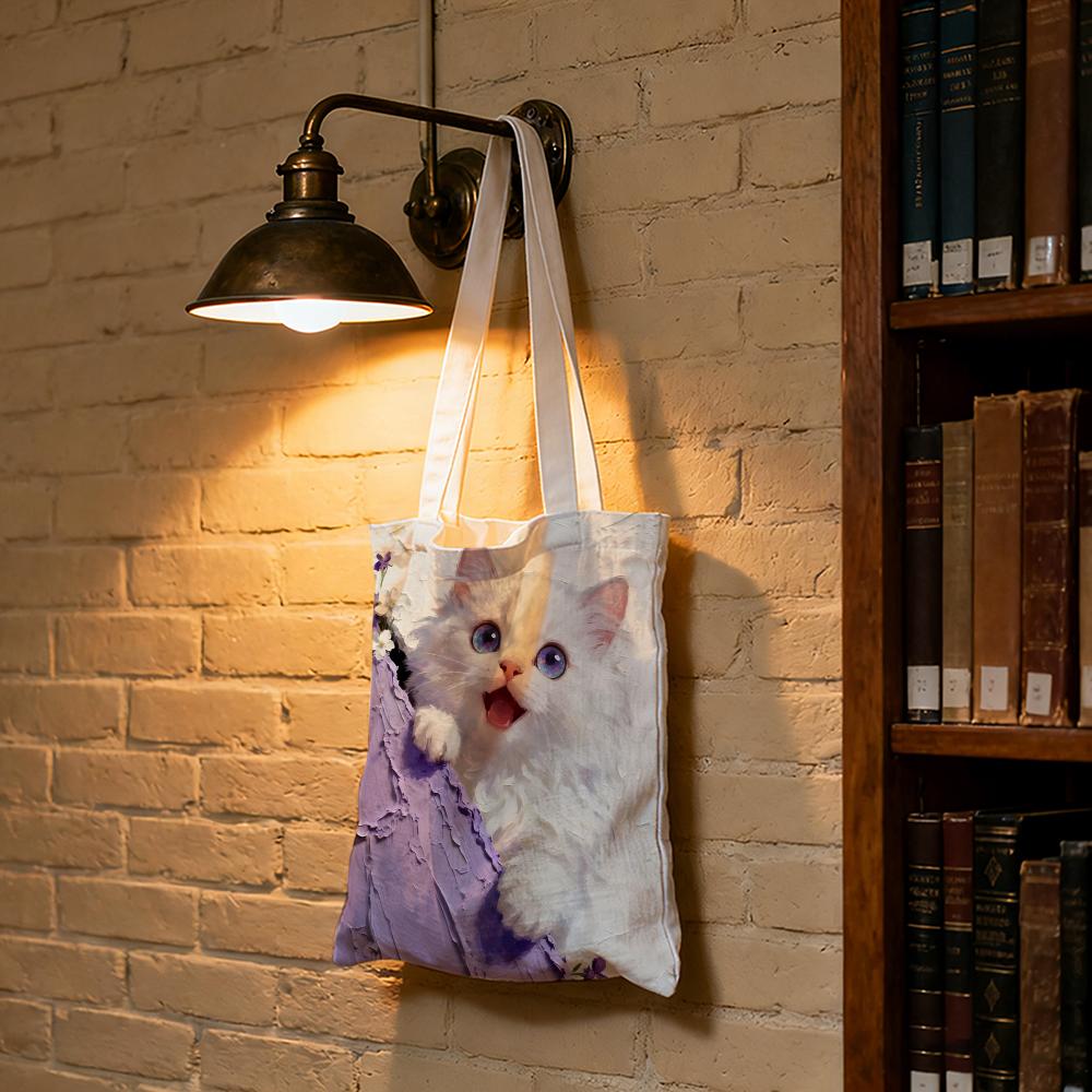 Cute Oil Painting Cat Storage Bags Large Capacity Canvas Bag For Female Students To Hold Books Tote Mommy Bag